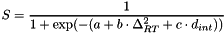 \[ S = \frac{1}{1 + \exp(-(a + b \cdot \Delta_{RT}^2 + c \cdot d_{int}))} \]