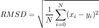 \[ RMSD = \sqrt{\frac{1}{N} \sum_{i=0}^N (x_i - y_i)^2 } \]